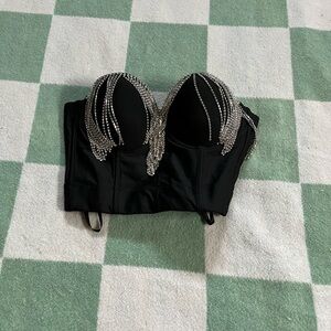 Black Bustier with Silver Rhinestone Fringe